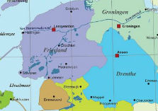 Kaart met provincies Friesland, Groningen, Drenthe, een stukje Overijssel en de Noord-Oostpolder