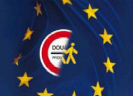 Europese vlag met grens-douaneverkeersbord en voetgangerssymbool