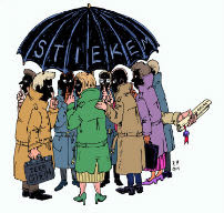 Mensen onder een paraplu waarbij een iemand een geheim document naar buiten steekt