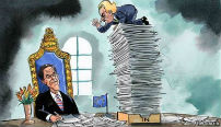 Wilders op stapel in-post op bureau Rutte maakt een lange neus naar Rutte die achter het bureau zit
