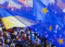 Oekraïense vlag en Europese vlag