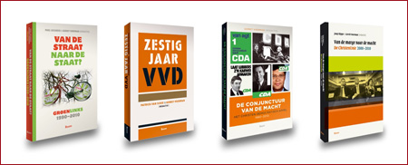 van links naar rechts, boek GroenLinks, VVD, CDA, ChristenUnie