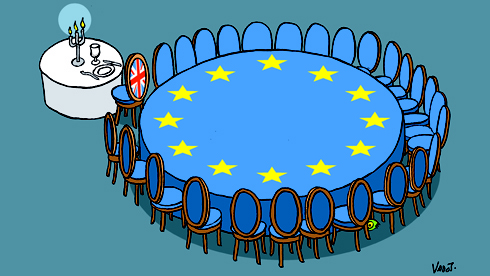 Europese conferentietafel met aparte tafeltje voor Verenigd Koninkrijk