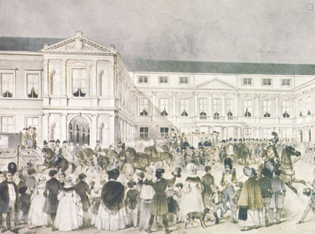 Koning Willem I vertrekt op Prinsjesdag 1839 in de Glazen Koets van Paleis Noordeinde