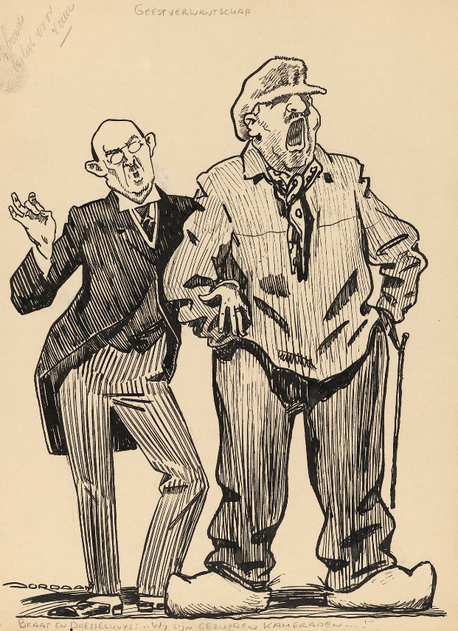 ‘Gezworen kameraden’, spotprent gemaakt door L.J. Jordaan tussen 1919 en 1926 © Collectie Jordaan / Atlas van Stolk. De prent verbeeldt een ongemakkelijke en vooral ook opportunistische gelegenheidscoalitie tussen boer Arend Braat en mr H.C. Dresselhuys, een van de leiders van de liberale Vrijheidsbond in het interbellum.