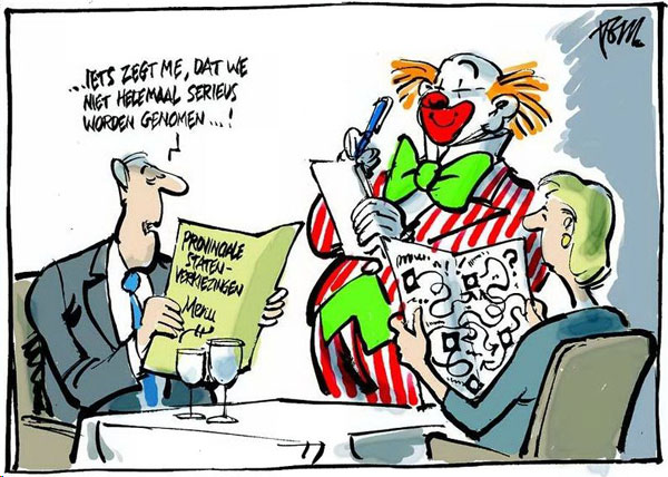 Echtpaar in reastaurant met clown als ober; 