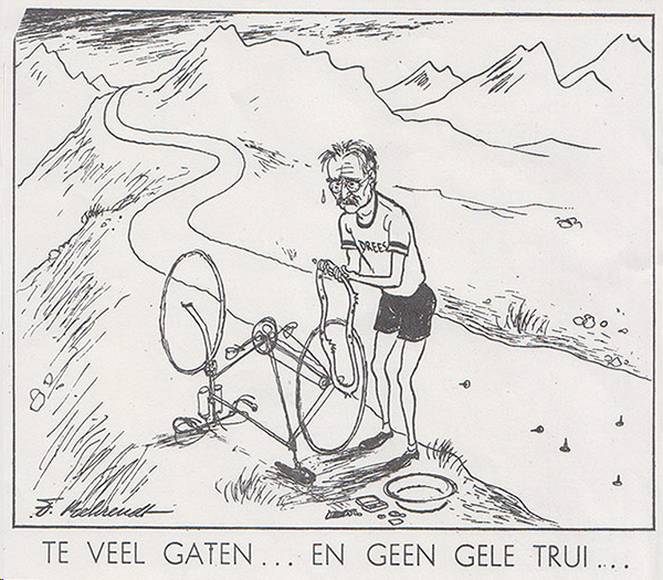 Ministerpresident Drees - in wielrenners tenue -  plakt in Frans berglandschap een lekke band van zijn racefiets
