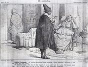 Spotprent naar aanleiding van de ontbinding van de Eerste Kamer in 1904 nadat de Eerste Kamer de Hoger Onderwijswet had verworpen